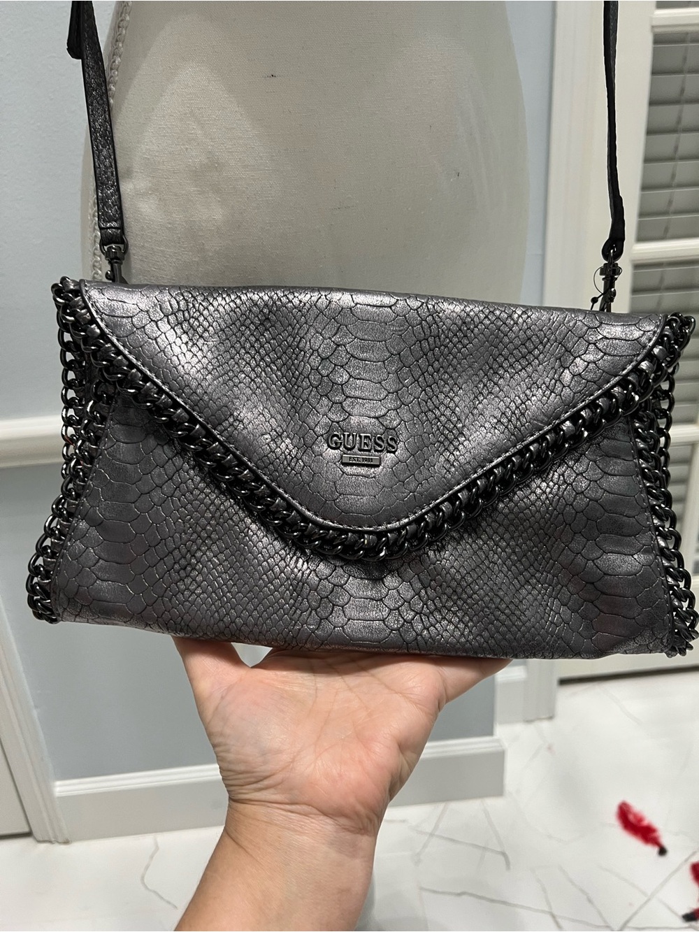 GUESS Snake Print Chain Trim Clutch Crossbody Bag – New